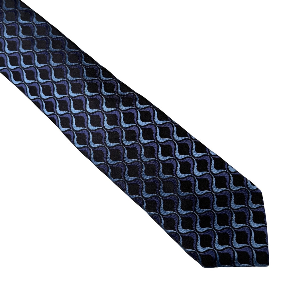 Ted Baker London Mens Silk‎ Tie Wavy Geometric Pattern Blue Black Hand Tailored